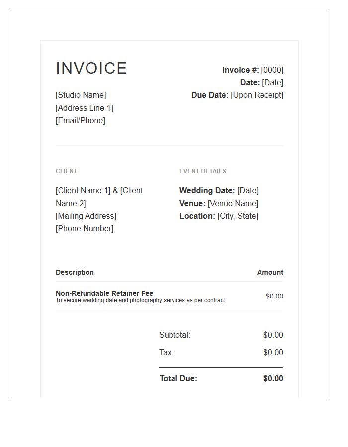 Wedding Photography Retainer Fee Invoice Template