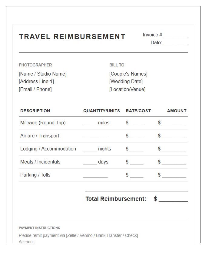 Wedding Photography Travel Reimbursement Invoice Template