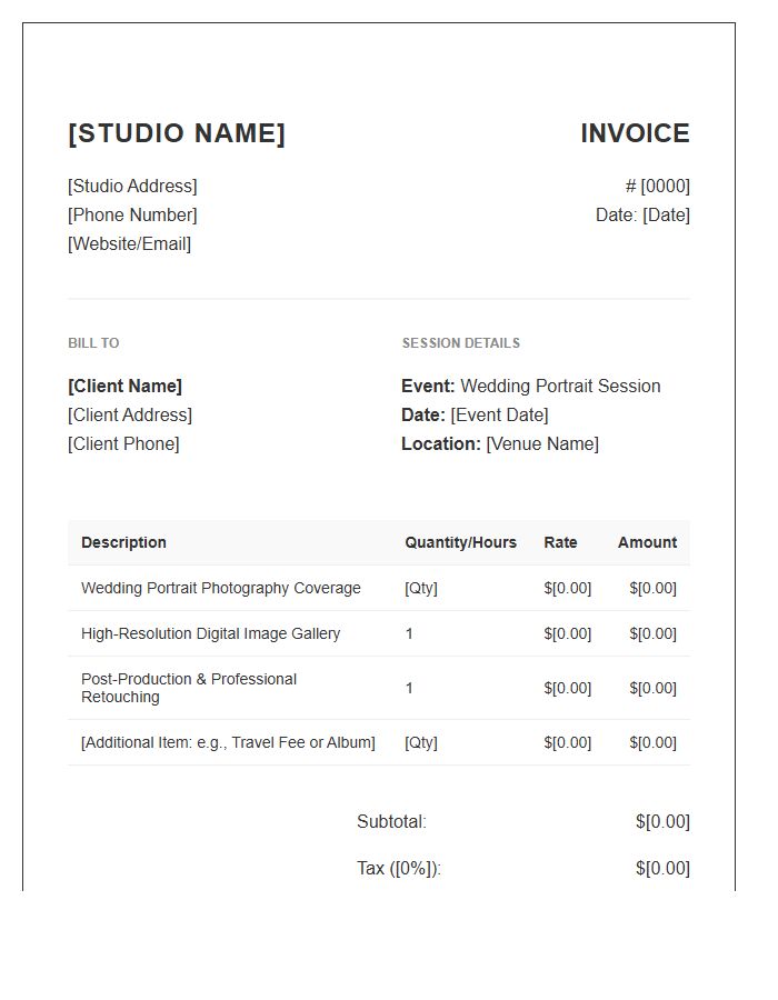 Wedding Portrait Session Invoice Template