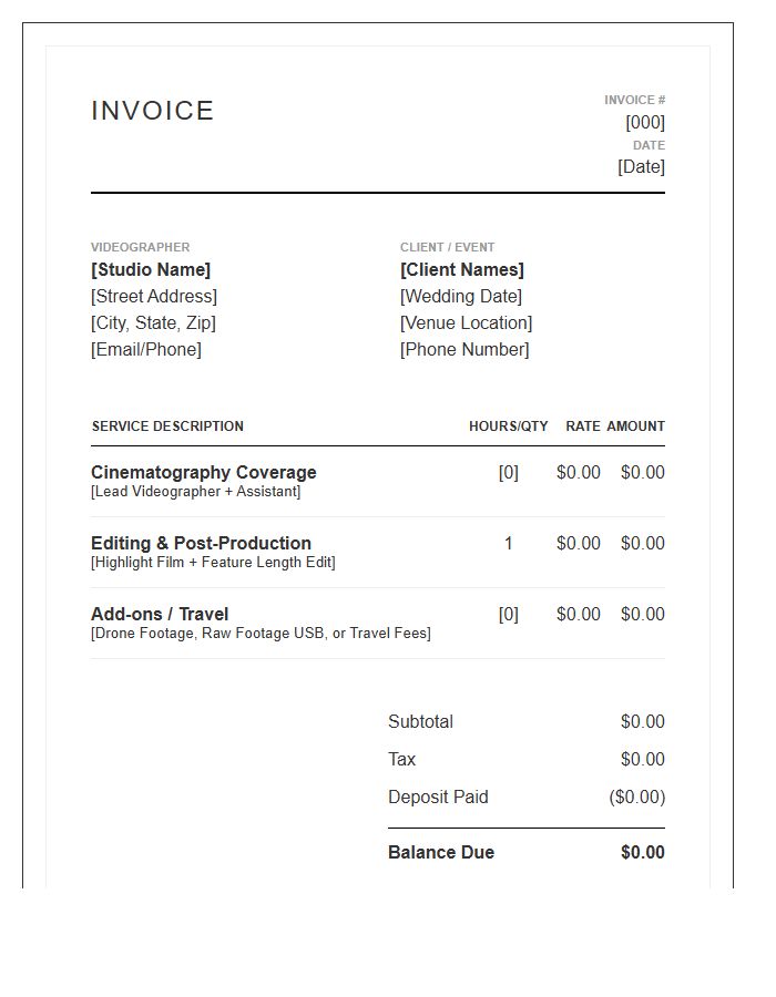 Wedding Videography Combined Service Invoice Template
