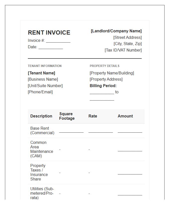 Commercial Property Rent Invoice Template