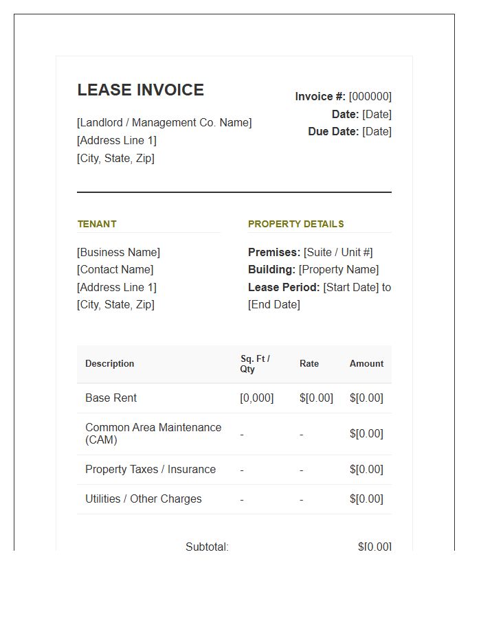 Commercial Real Estate Lease Invoice Template