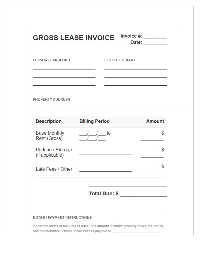 Gross Lease Agreement Invoice Template