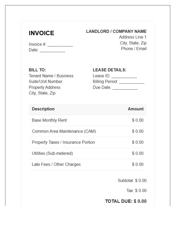 Landlord Commercial Lease Invoice Template