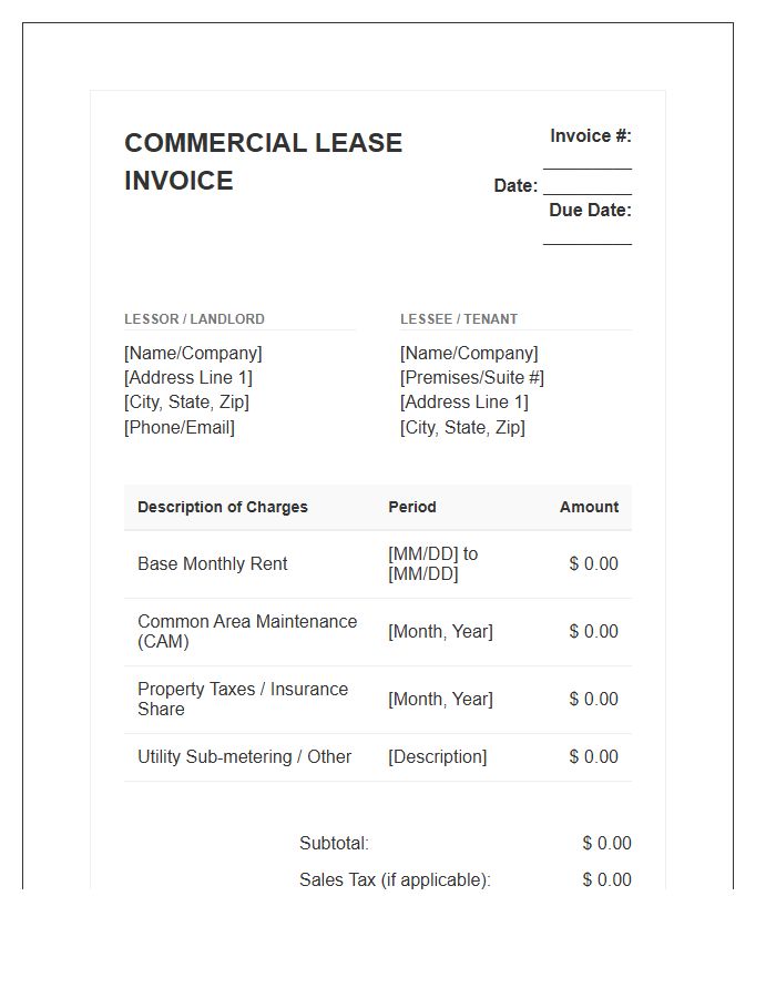 Monthly Commercial Lease Invoice Template