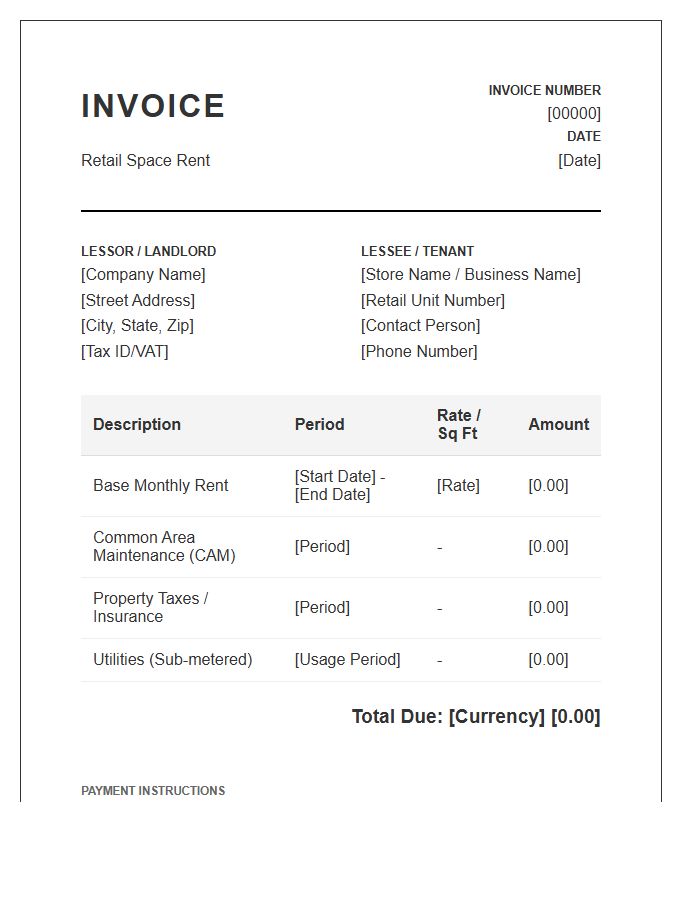 Retail Space Rent Invoice Template