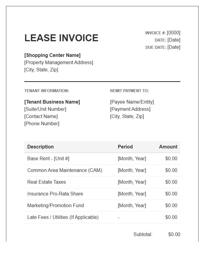 Shopping Center Lease Invoice Template