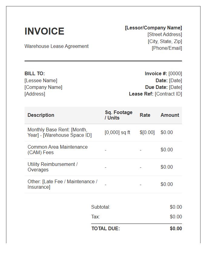 Warehouse Lease Agreement Invoice Template