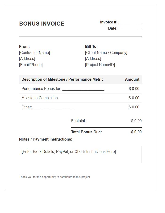 Contractor Bonus Invoice Template