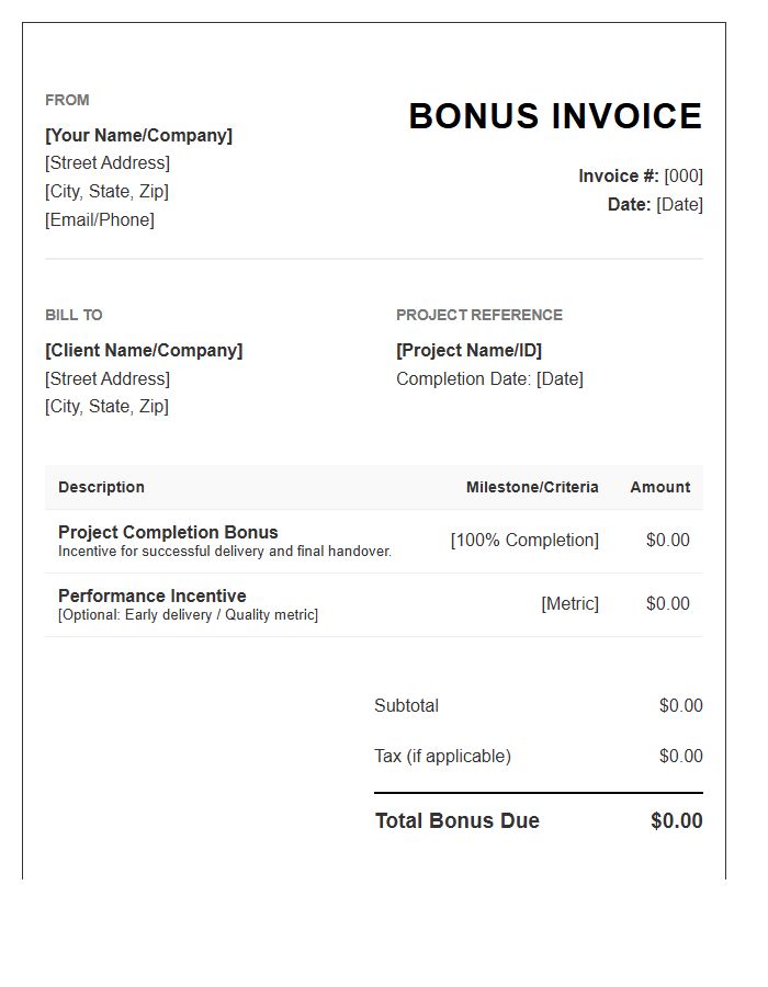 Project Completion Bonus Invoice Template