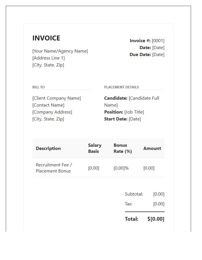 Recruitment Bonus Invoice Template