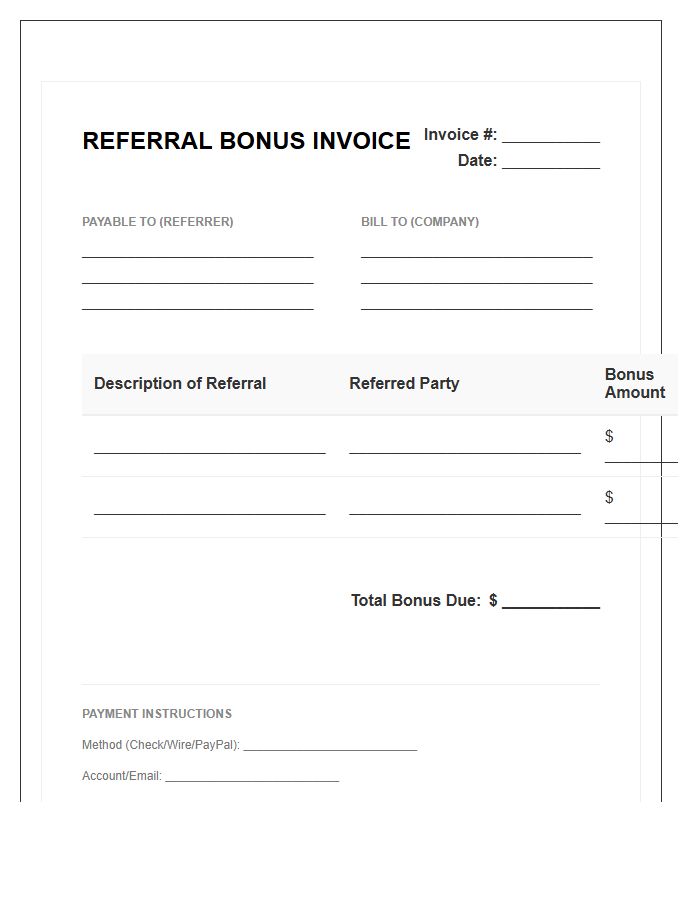 Referral Bonus Invoice Template