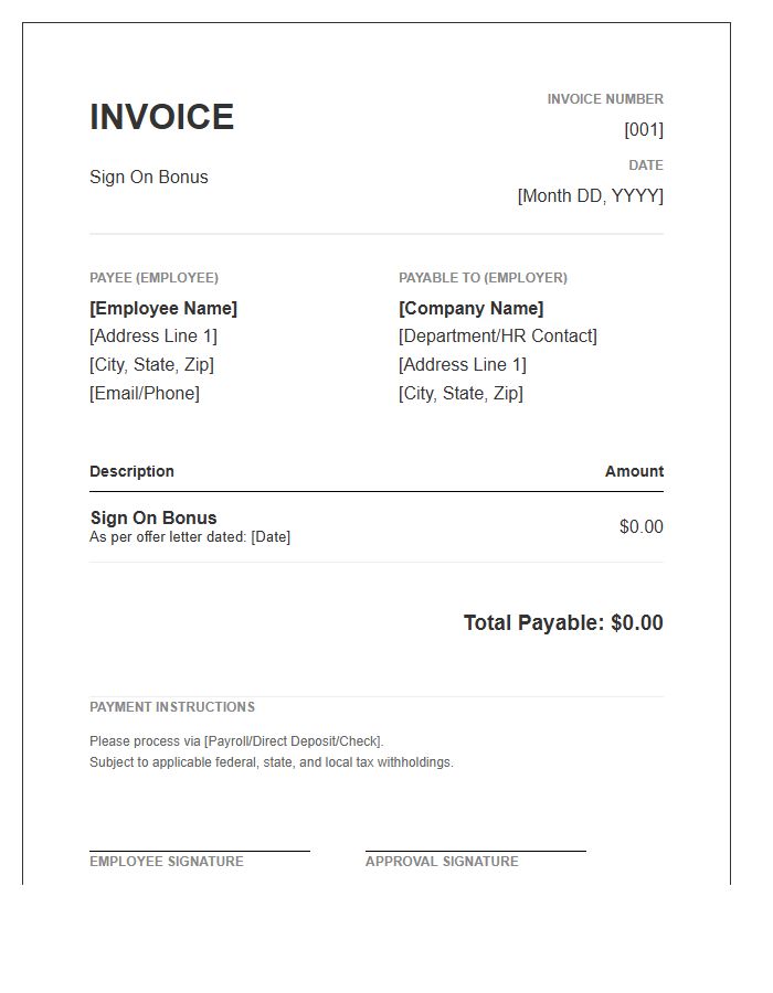 Sign On Bonus Invoice Template