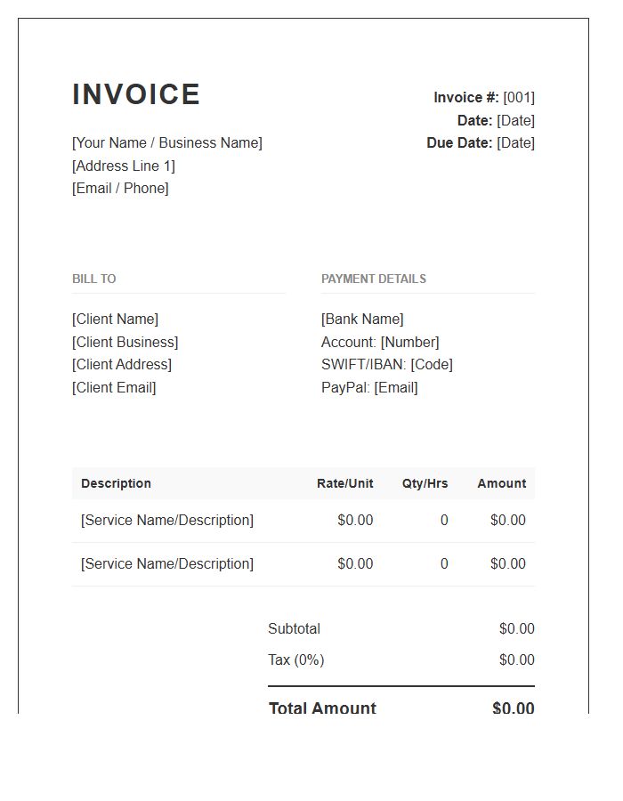 Freelance Professional Service Invoice Template