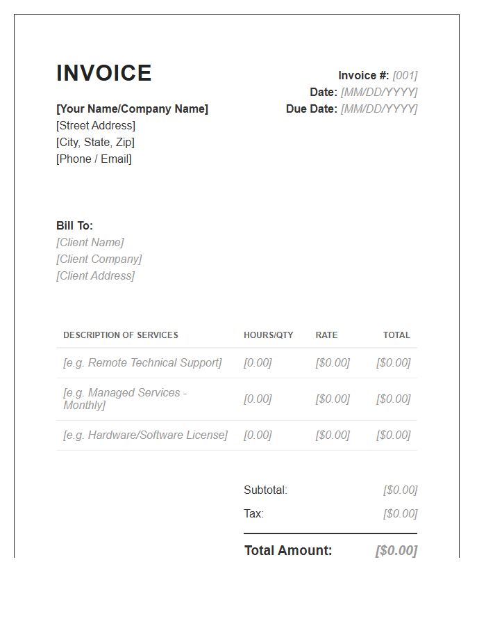 IT Support Professional Invoice Template
