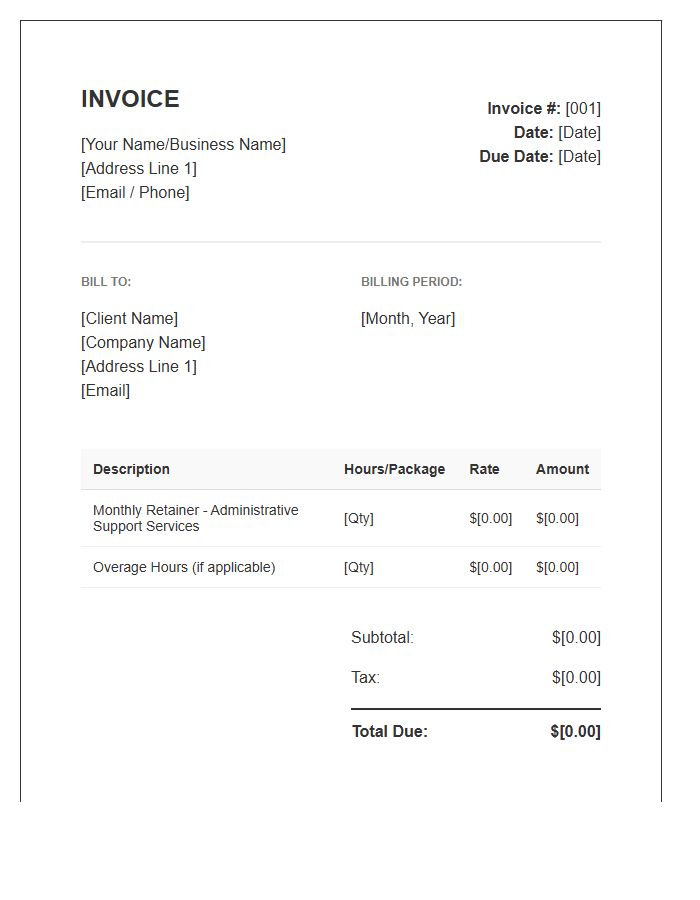 Administrative Assistant Monthly Retainer Invoice Template