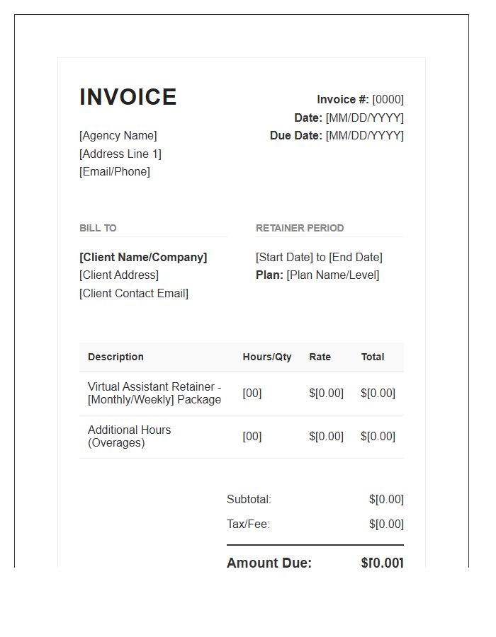 Agency Virtual Assistant Retainer Invoice Template
