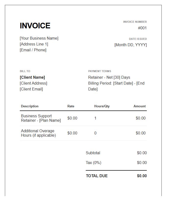 Business Support Retainer Invoice Template