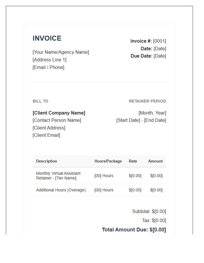 Corporate Virtual Assistant Retainer Invoice Template