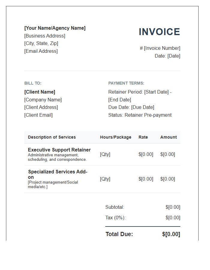Executive Virtual Assistant Retainer Invoice Template