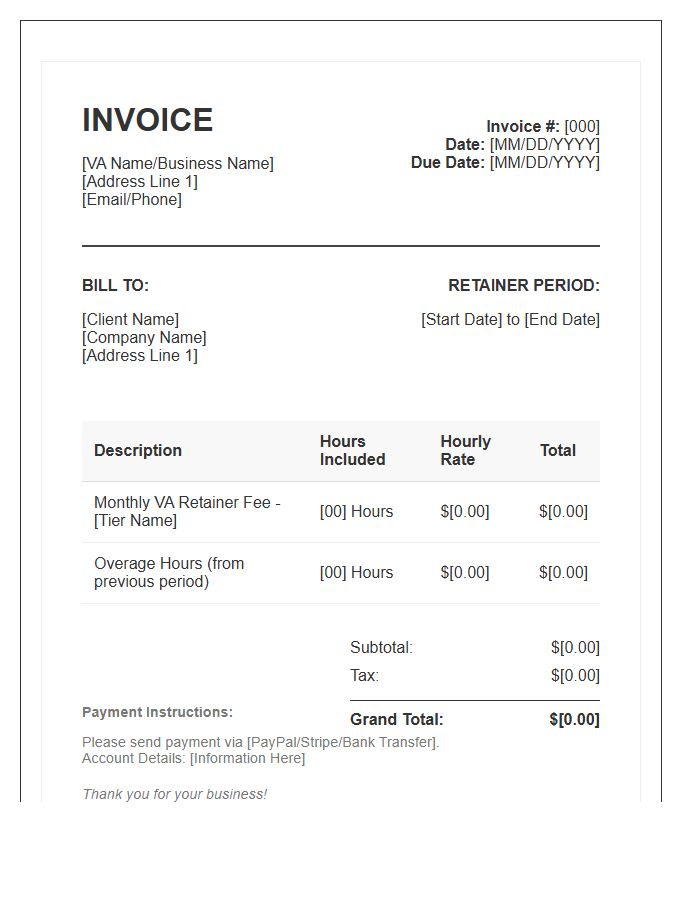 Hourly Based VA Retainer Invoice Template