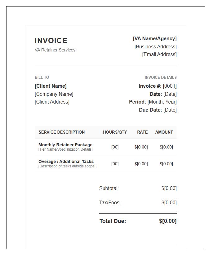 Specialized VA Retainer Services Invoice Template