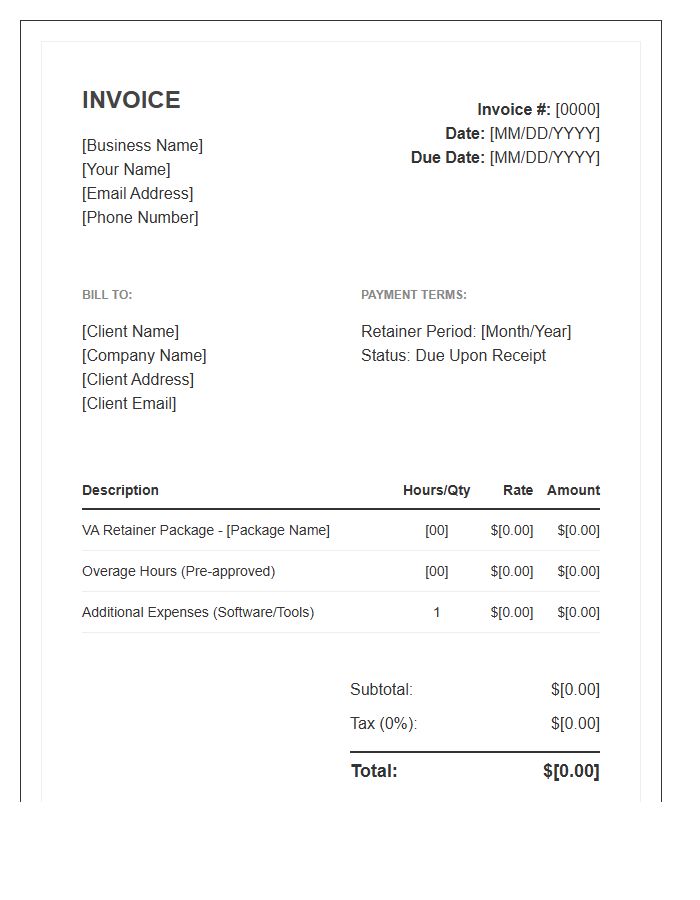 Standard Virtual Assistant Retainer Invoice Template