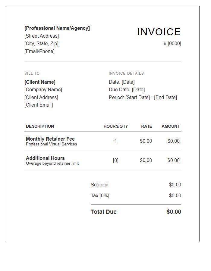 Virtual Professional Retainer Invoice Template
