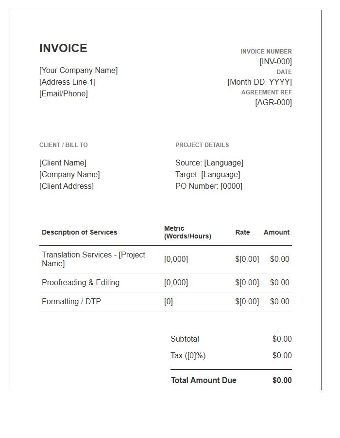 Business Translation Service Agreement Invoice Template