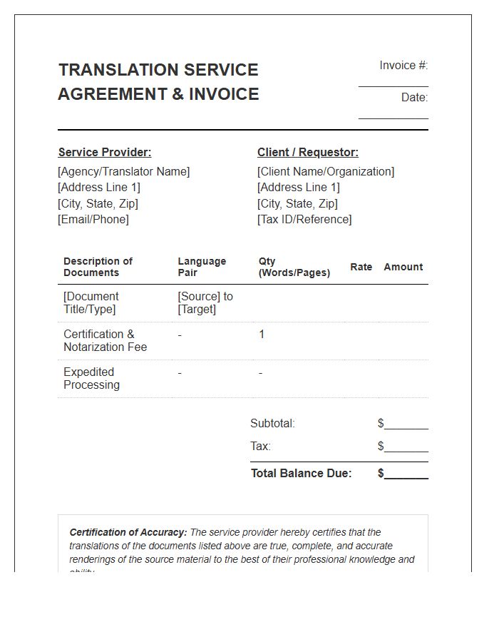 Certified Translation Service Agreement Invoice Template