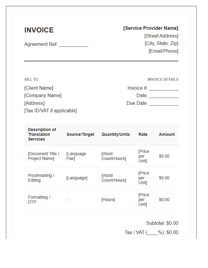 Formal Translation Service Agreement Invoice Template