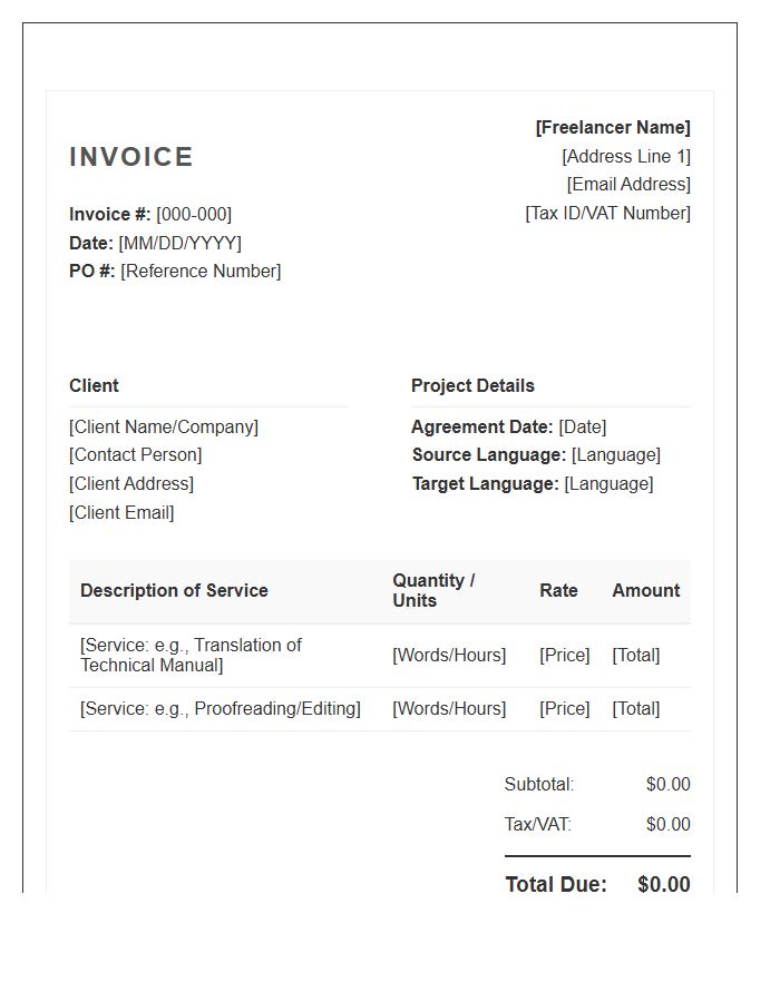 Freelance Translation Service Agreement Invoice Template