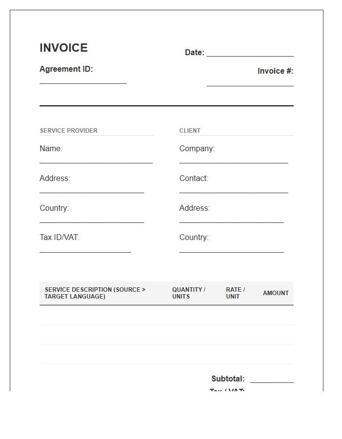 International Translation Service Agreement Invoice Template