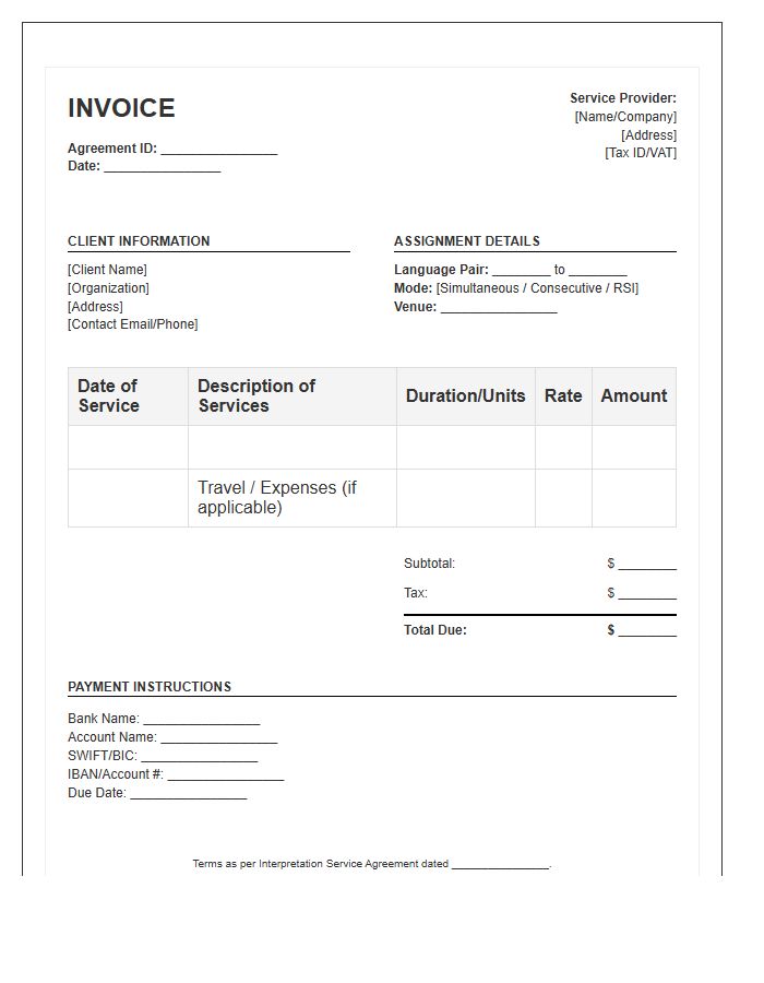 Interpretation Service Agreement Invoice Template