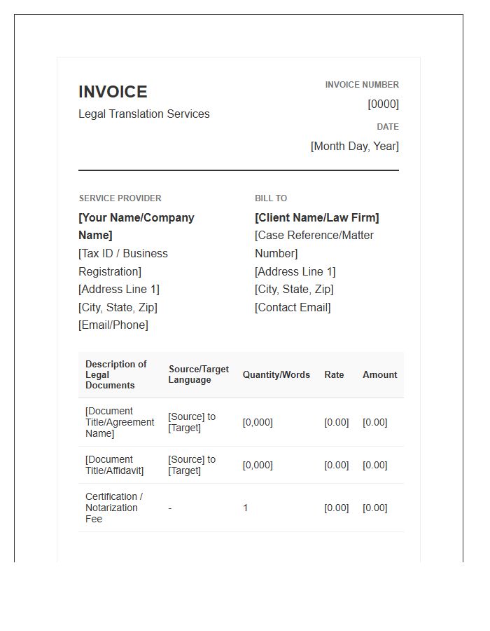 Legal Translation Service Agreement Invoice Template
