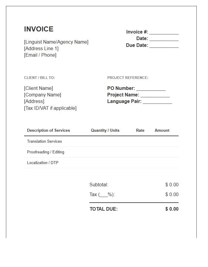 Standard Translation Service Agreement Invoice Template