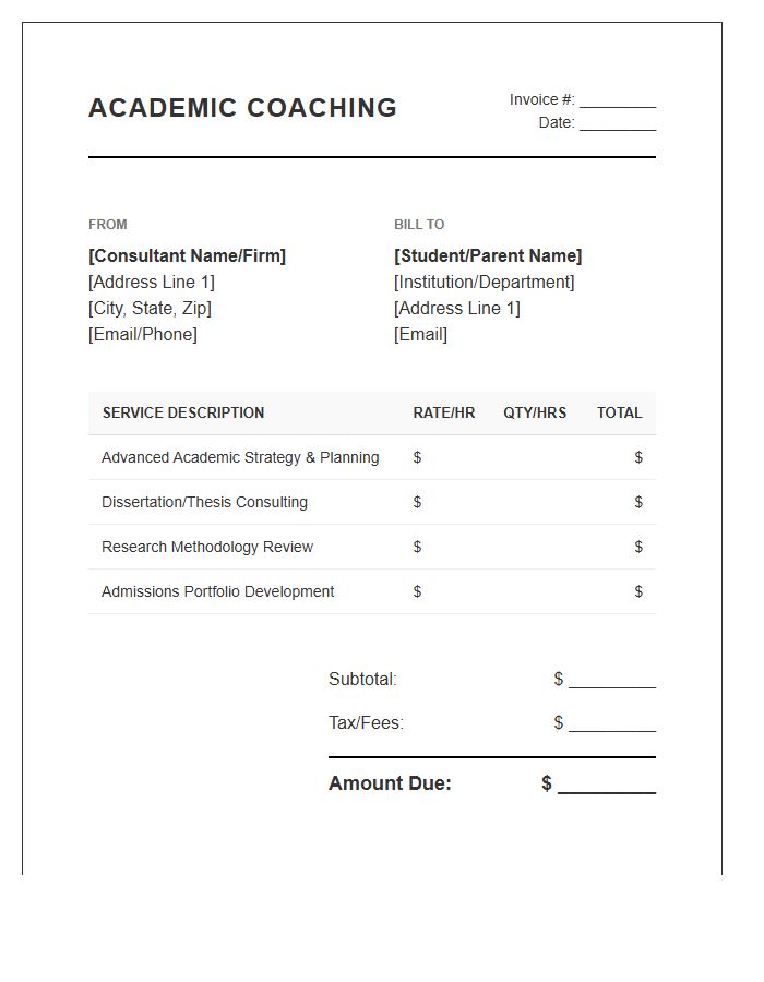 Advanced Academic Coaching Invoice Template