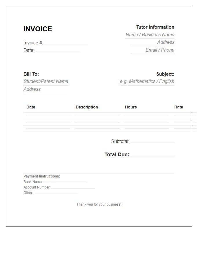 In Home Private Tutor Invoice Template