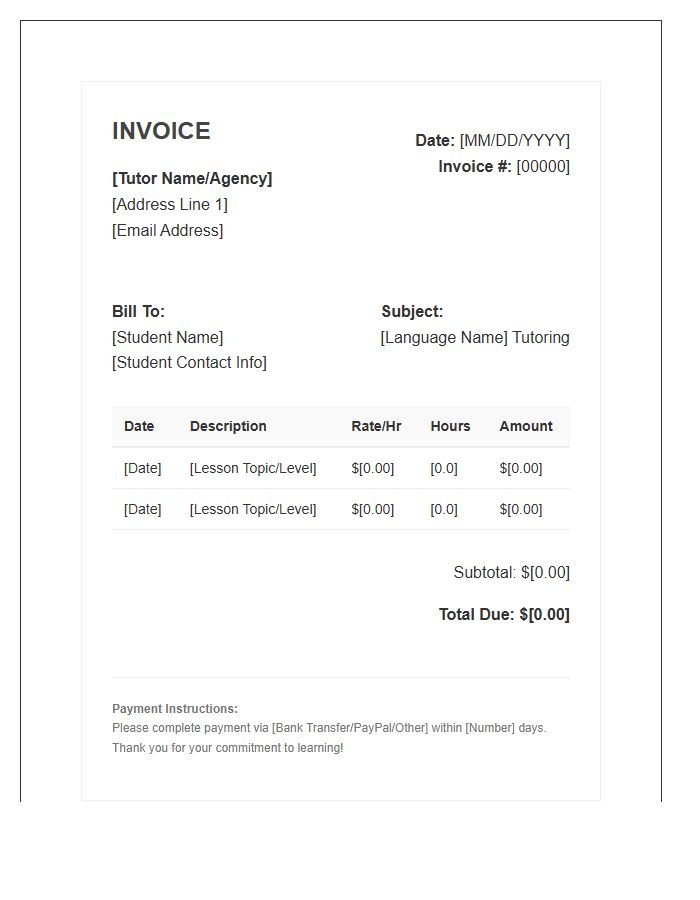 Language Tutoring Service Invoice Template