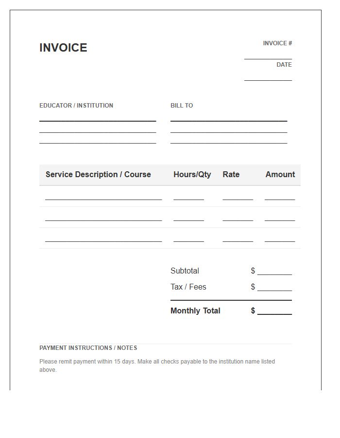 Monthly Education Contract Invoice Template