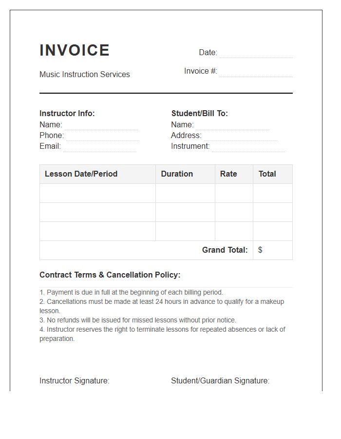 Music Lesson Contract Invoice Template