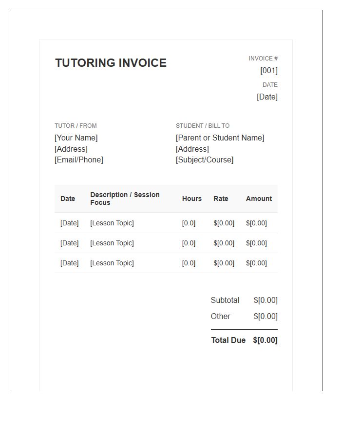 One On One Tutoring Invoice Template