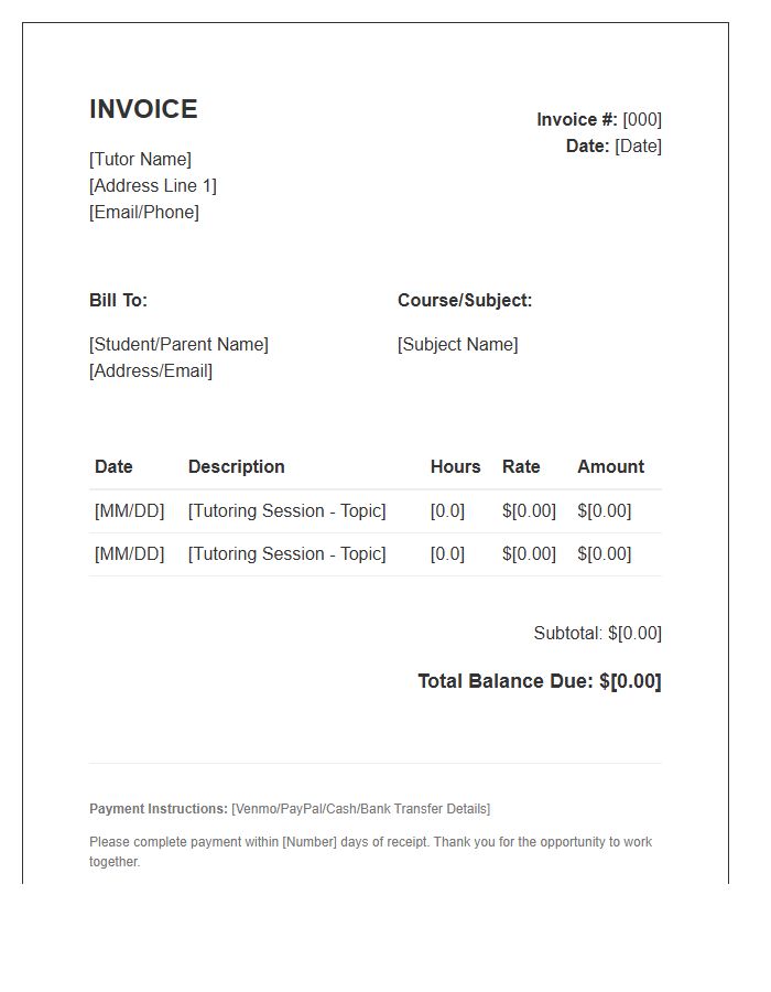 Peer Tutoring Service Invoice Template