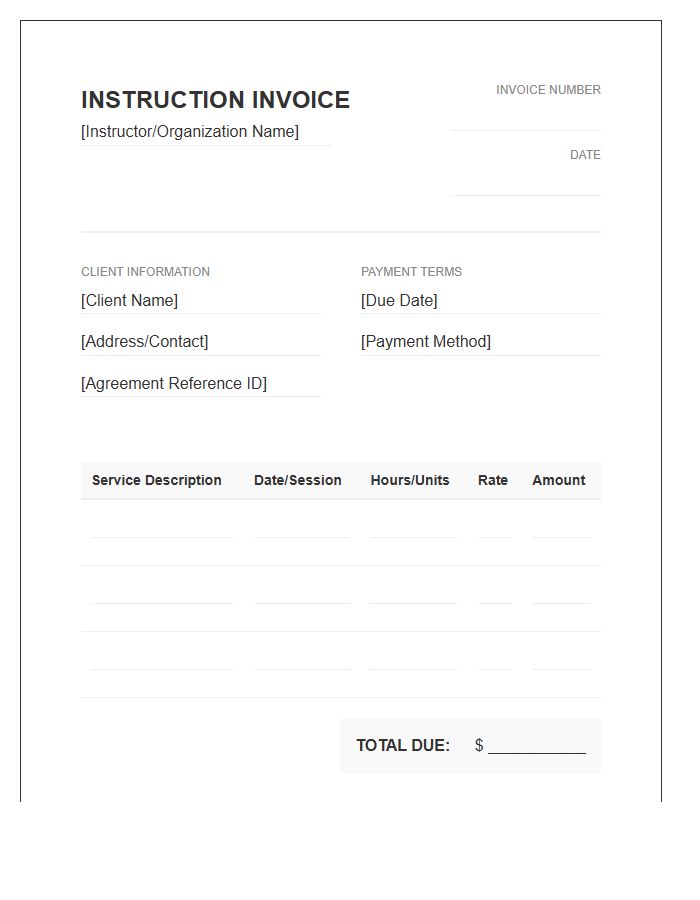 Private Instruction Service Agreement Invoice Template