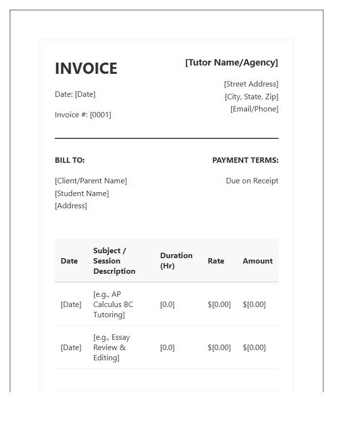 Professional Academic Tutor Invoice Template