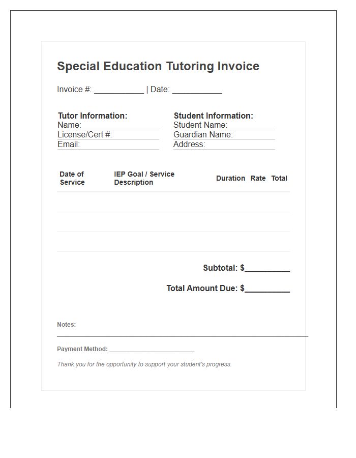 Special Education Tutoring Invoice Template
