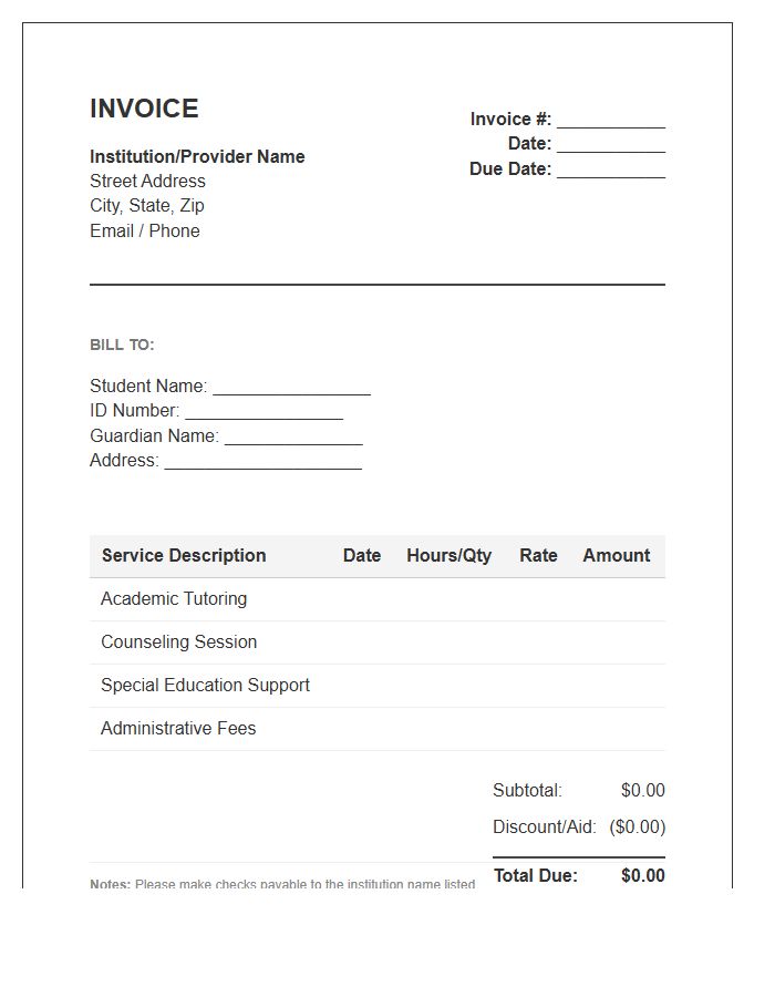 Student Support Services Invoice Template