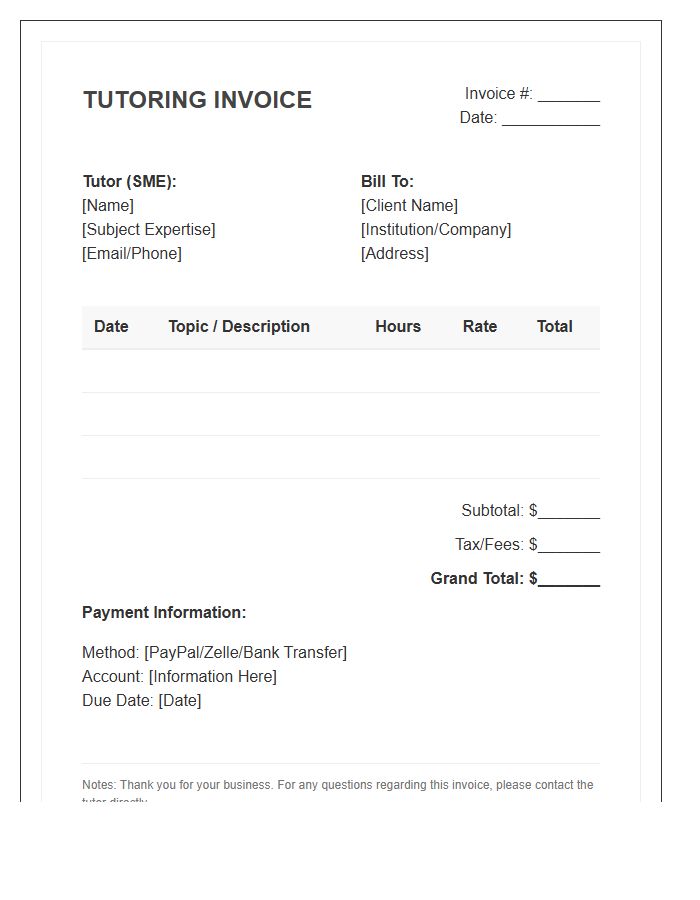 Subject Matter Expert Tutoring Invoice Template