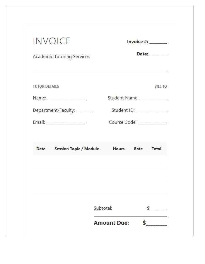 University Level Tutoring Invoice Template