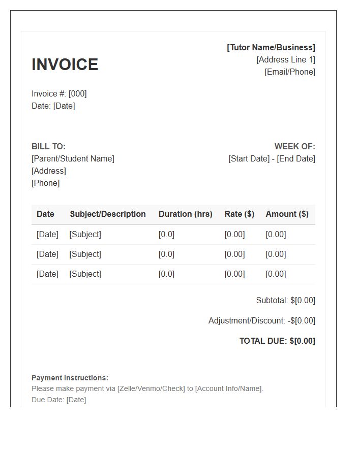 Weekly Private Tutoring Invoice Template